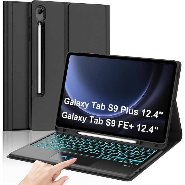 Husă cu tastatură iluminată pentru Samsung Tab S9 FE+ 12.4", bleu, material TPU, funcție Bluetooth