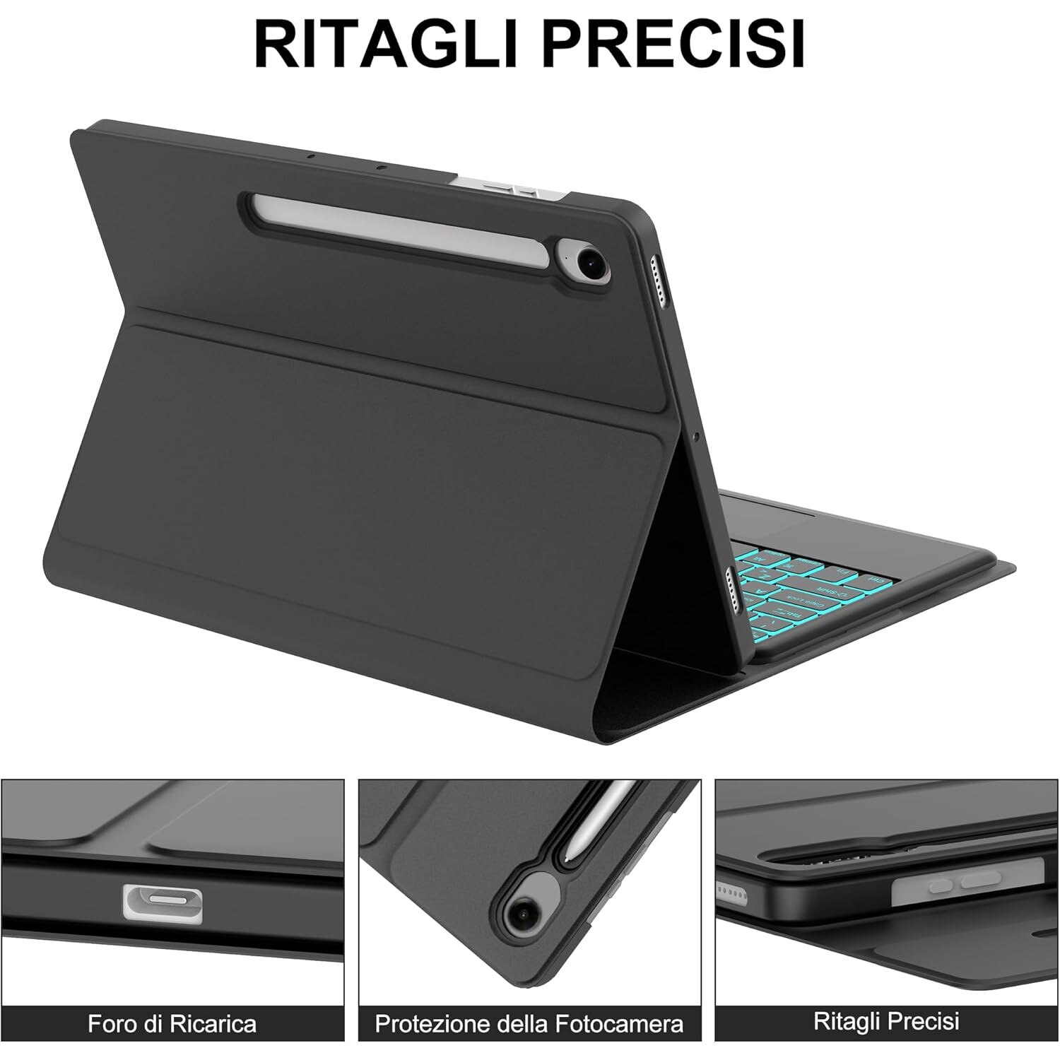 Husă cu tastatură iluminată pentru Samsung Tab S9 FE+ 12.4", bleu, material TPU, funcție Bluetooth