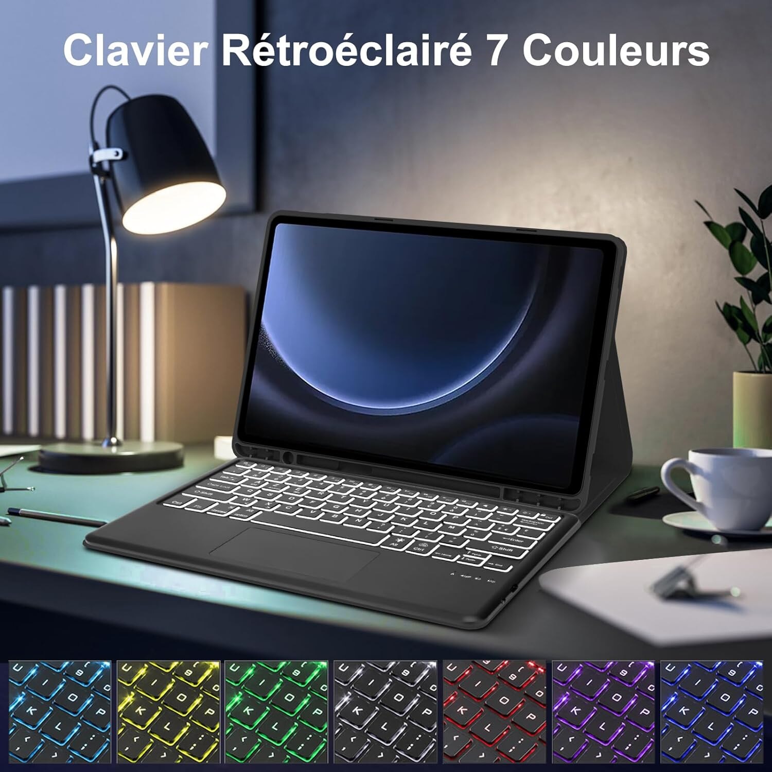 Husă cu tastatură iluminată pentru Samsung Tab S9 FE+ 12.4", bleu, material TPU, funcție Bluetooth
