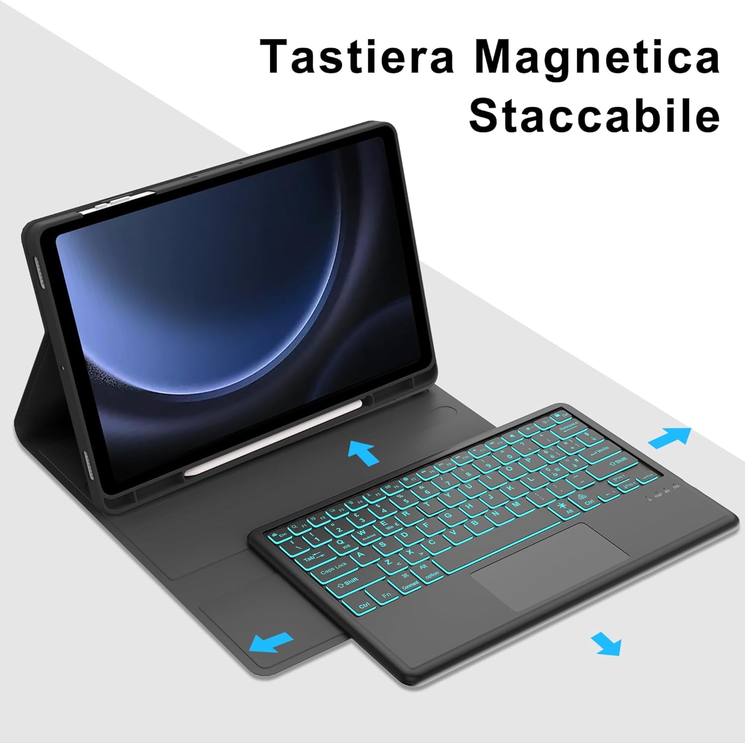 Husă cu tastatură iluminată pentru Samsung Tab S9 FE+ 12.4", bleu, material TPU, funcție Bluetooth