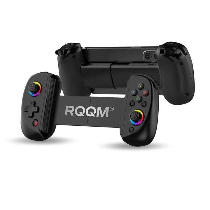 Безжичен геймпад контролер RQQM® Universal, джойстик с Hall Effect, Bluetooth 5.0, разтегателен 129–252 мм, съвместим с Android, iOS, PC, PS3/PS4, Nintendo Switch, LED осветление, дълъг живот на батерията, черен