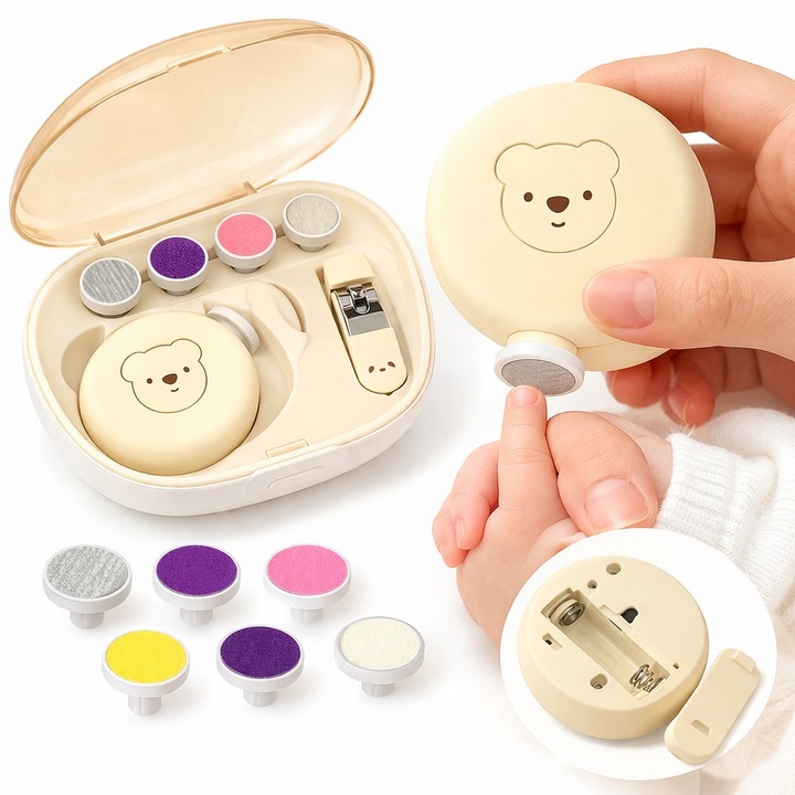 Pila Electrica Unghii Bebelusi Montessori, Ursulet, 6 Capete Interschimbabile, Lumina LED, Motor Silentios, Design Ergonomic, Ingrijire Delicata si Sigura, Kit pentru Nou-Nascuti si Copii, Cadou Practic Premium pentru Parinti