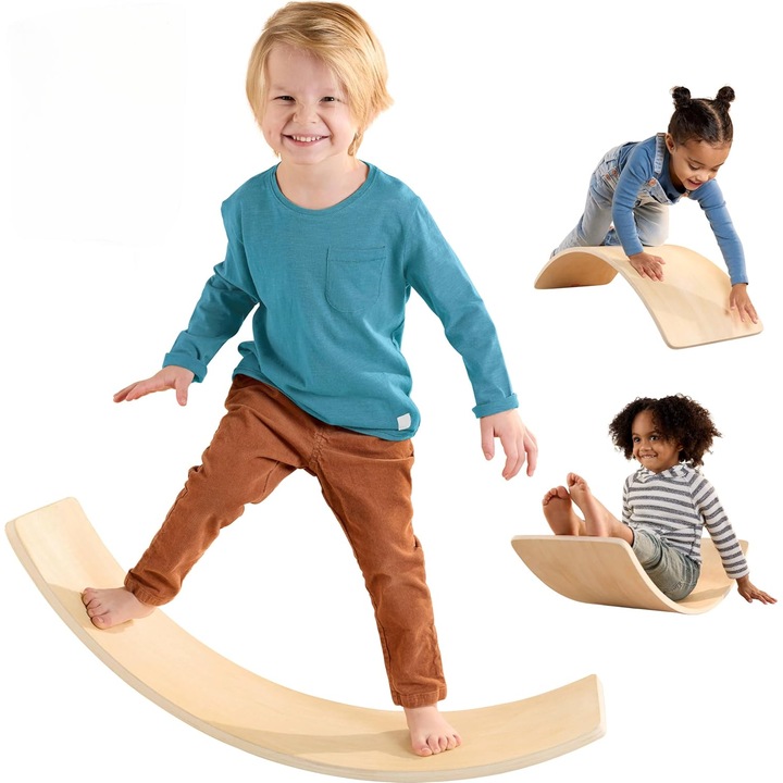 Placa de Echilibru Multifunctional Montessori FlowBoard™ Semicerc din Lemn de Tei, Suport 200 Kg, Joaca si Activitate Fizica, Dezvolta Motricitatea, Coordonarea si Echilibrul, Finisaj Natural cu Ulei, Eco-Friendly, 3+ Ani, Sunny Smile