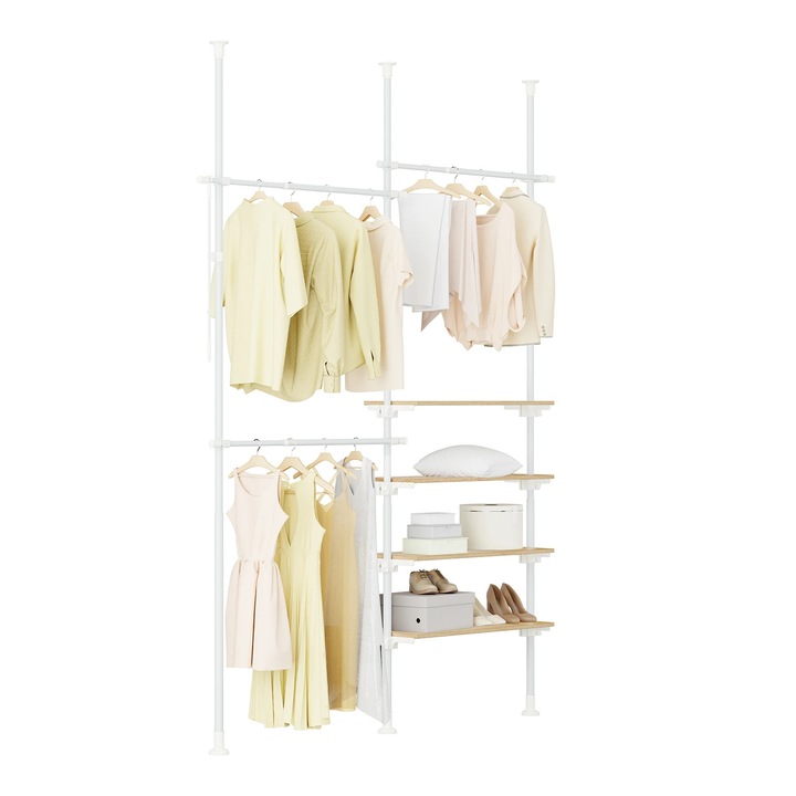 Suport haine telescopic, Alb, 3 bare, 3 cosuri, 147x198cm - 200x285cm