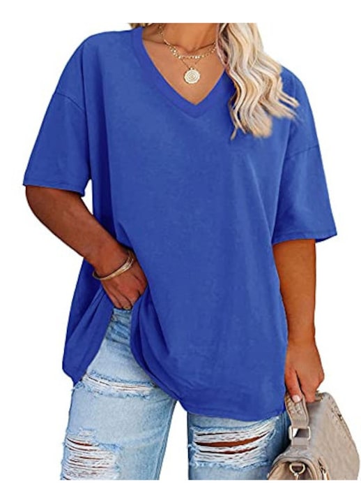Tricouri femei plus size gat in V, Imily Bela, maneci jumate（10258）, Albastru
