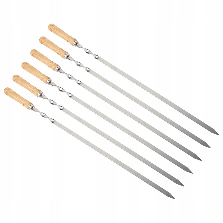 Set 6 ustensile gratar, spiculte din inox maner din lemn, 55cm