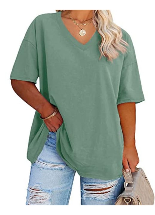 Tricouri femei plus size gat in V, Imily Bela, maneci jumate（10258）, Verde