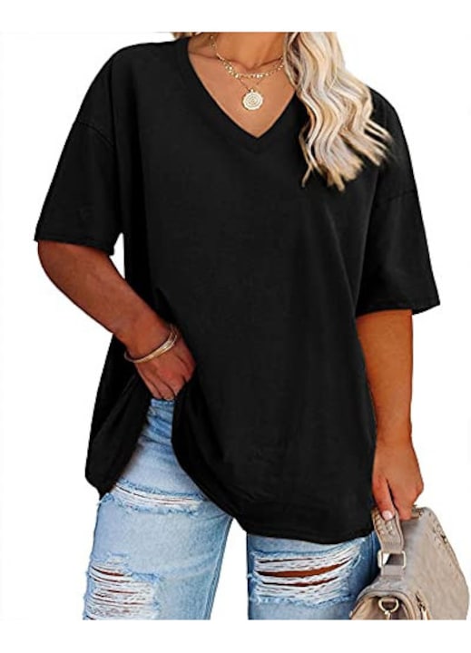 Tricouri femei plus size gat in V, Imily Bela, maneci jumate（10258）, Negru