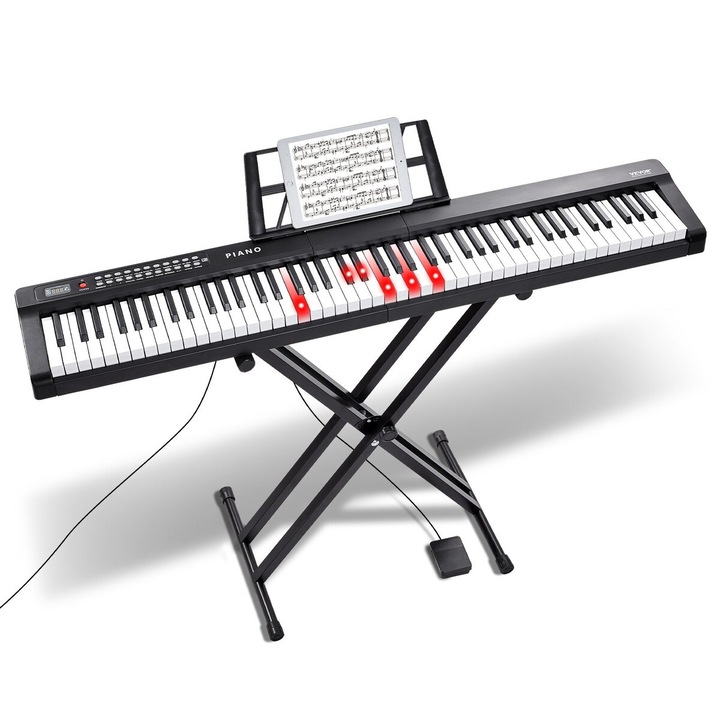 Pian digital 88 clape VEVOR, semi-greutate, set complet cu suport ajustabil, pedala de sustinere, casti, Bluetooth, 1285x225x1200mm