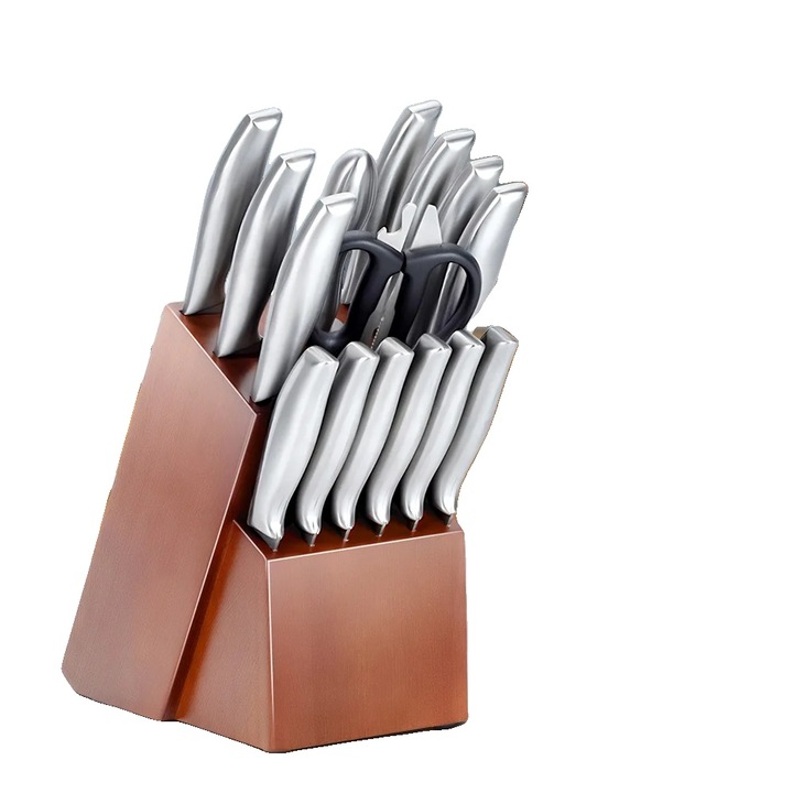 Set de cutite de bucatarie, inox, include bloc din lemn, maro
