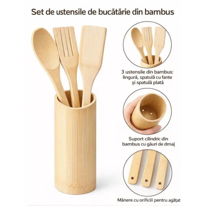 Set 3 Ustensile Bucatarie din Bambus cu Suport, Lingura, Spatula si Paleta, 30 cm, Eco, Rezistente la Caldura
