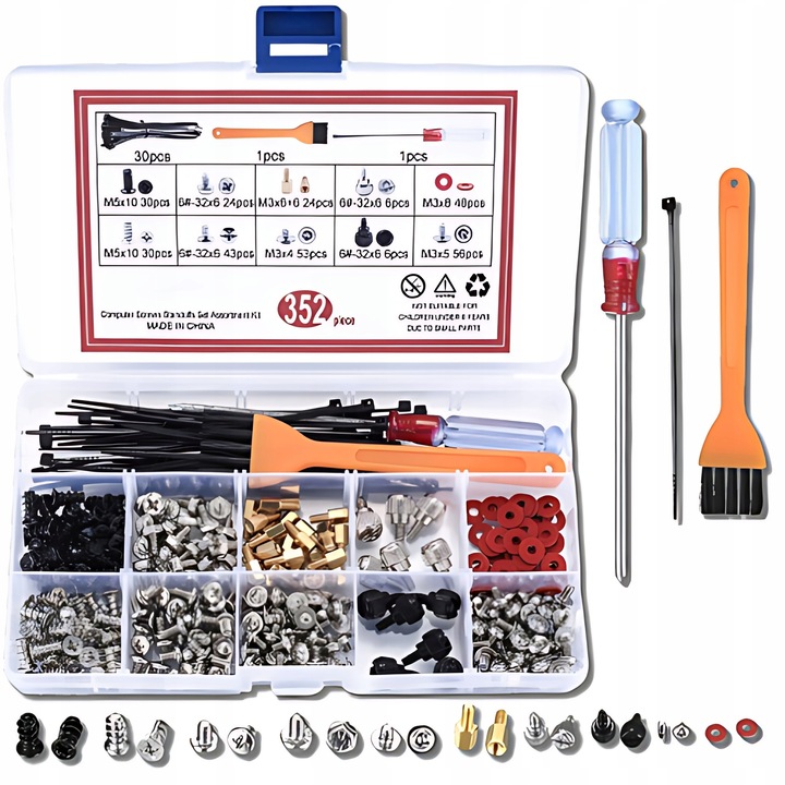 Set 352 suruburi pentru computer, accesorii IT, 48 suruburi rosii, 30 suruburi negre, 30 suruburi argintii, 1 surubelnita mini