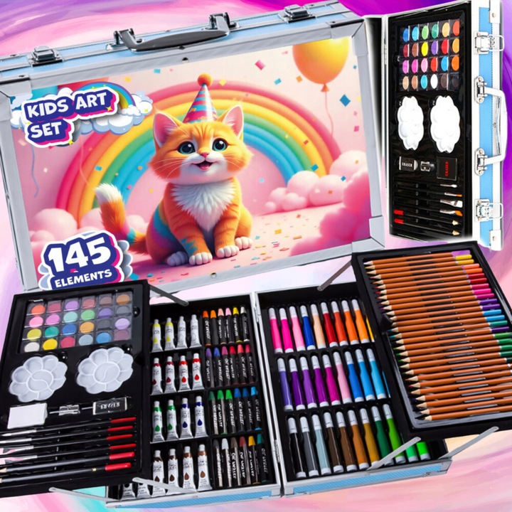 Set de pictura si desen, 168 elemente, design motivational, culoare albastra, dimensiuni 34,5x23,5x9 cm