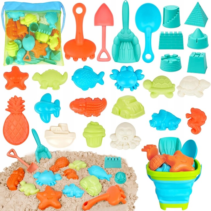 Комплект играчки за плаж за деца, със сгъваема кофа, лопата, гребло, цветни форми, 14x14x9см