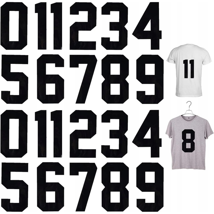 22 db vasalható matrica pólóra, sportos számok, fekete szín, 20 cm méret
