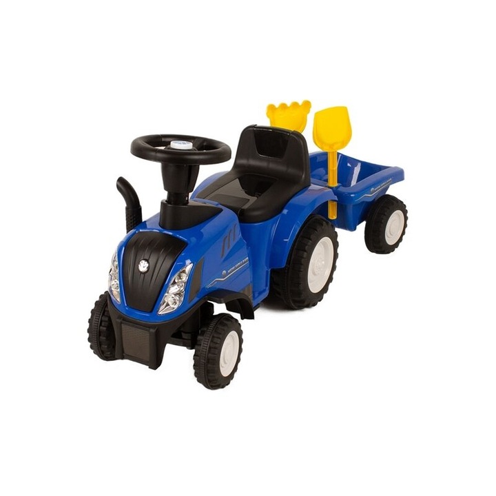 Tractor cu remorca, BabyTrold, Volan cu sunete, Faruri controlabile din butoane, Remorca detasabila, 2 unelte, Sustine 25 kg, 12 luni+, 91x29x44 cm, Albastru