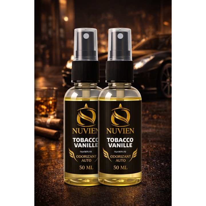 Pachet 2 x Odorizant Auto Nuvien Tobacco Vanille 50 ml, Parfum Intens Dulce-Lemnos, Tutun, Vanilie si Cacao, Persistenta Indelungata, Spray Auto Premium