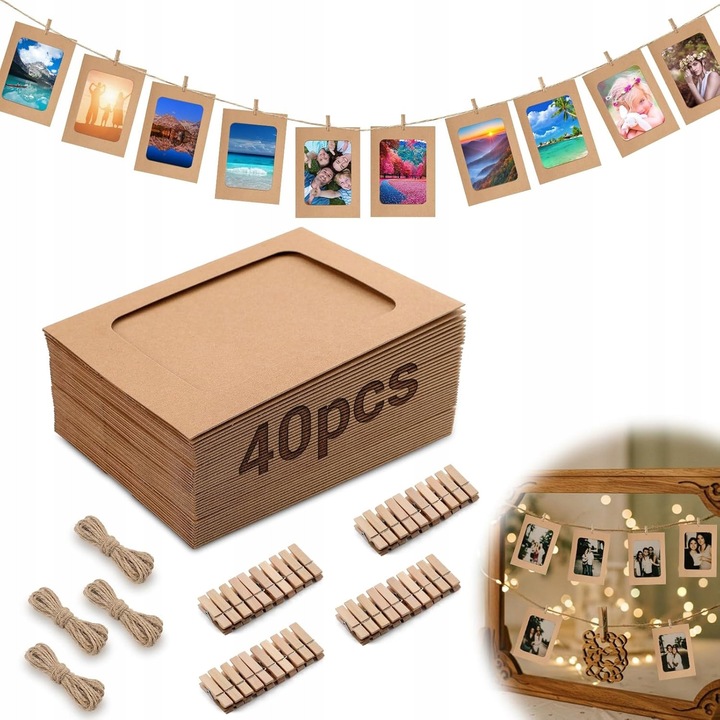 Set rame foto 10x15cm, 40 bucati, cleme din lemn, sfori, culoare maro