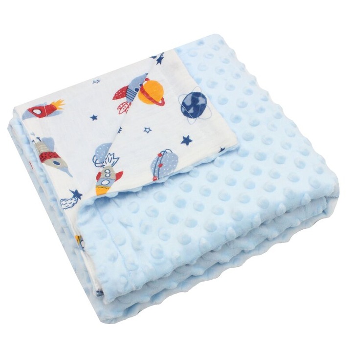 Paturica minky, verso muselina, rachete si planete, 80x100cm, albastru