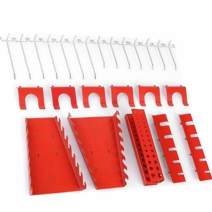 Set carlige pentru panou perforat 25 piese, Carlige pentru scule, Otel carbon inalt, Sarcina grea, Pentru perete perforat, Garaj/atelier, Montaj pe perete