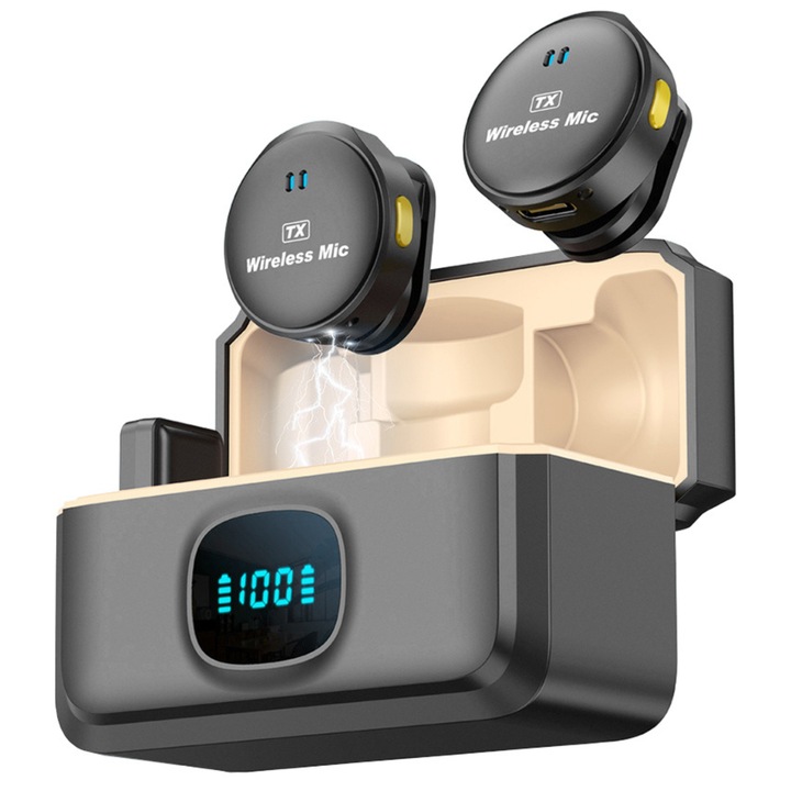 Microfon lavaliera wireless set 2 Comari Aria Max, conectivitate Lightning, reducere zgomot, negru