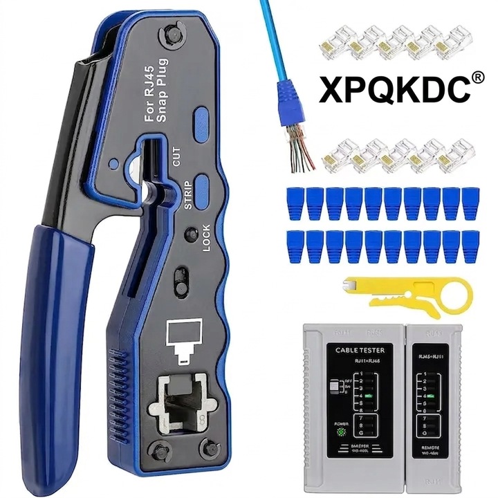 Set sertizare cablu retea RJ45 XPQKDC®, trusa profesionala multifunctionala pentru testare si montare conectori, include cleste sertizare, tester retea, dispozitiv dezizolat, negru, design ergonomic