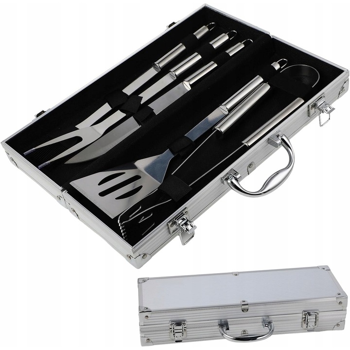 Set 5 ustensile gratar, inox, valiza aluminiu, spatula, furculita, perie