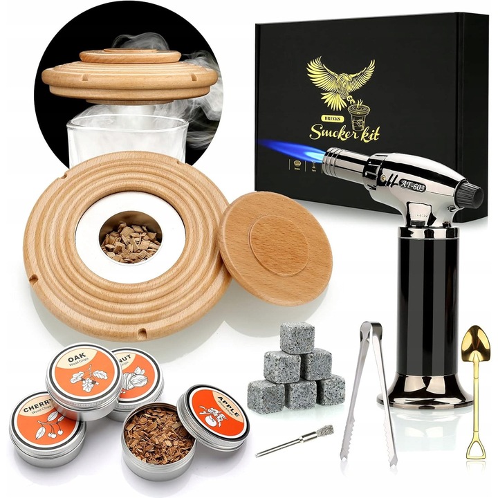 Set afumator pentru cocktailuri, 4 arome, material lemn natural, accesorii incluse