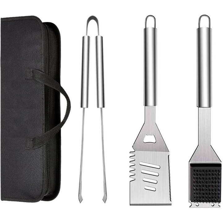 Set 4 in 1 ustensile gratar, cu spatula, cleste, perie si geanta, otel inoxidabil 430, lungimi mari pentru siguranta