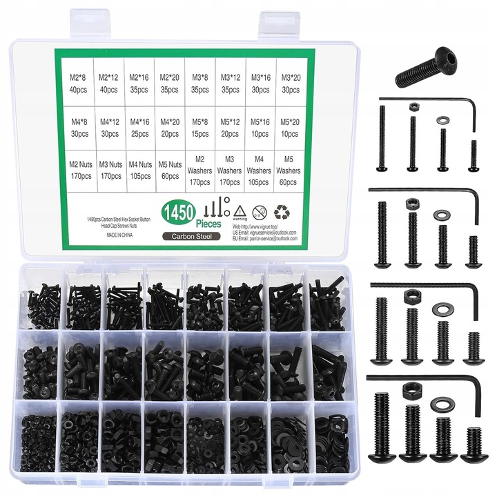 Set suruburi M2 M3 M4 M5, 1450 bucati, cu piulite si rondelle, din otel carbon, rezistent la coroziune