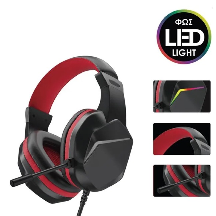 Casti de Gaming i-JMB cu microfon sensibil, iluminare LED, 2.1m, negru