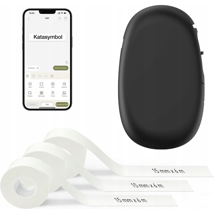 Imprimanta termica portabila E10, Bluetooth, neagra, set cu 3 role etichete, 60 pagini/min