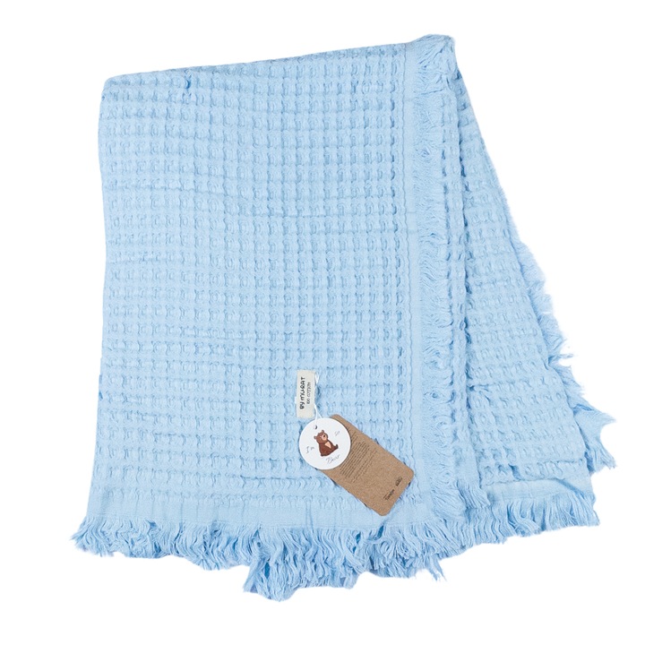 Paturica pentru Bebelusi din Muselina de Bumbac Gofrat, cu Franjuri, Bleu, 120 CM X 90 CM