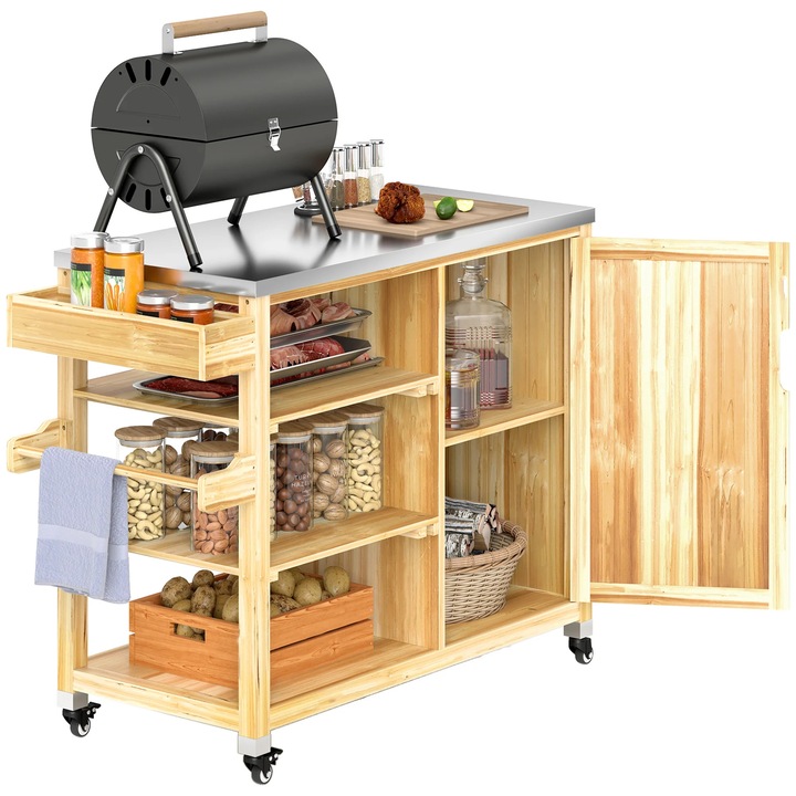 Carucior Gratar BBQ, Carucior De Servire, 4 Roti, Rafturi, Dulap, Pentru 3–5 Persoane, Exterior, Lemn Natural