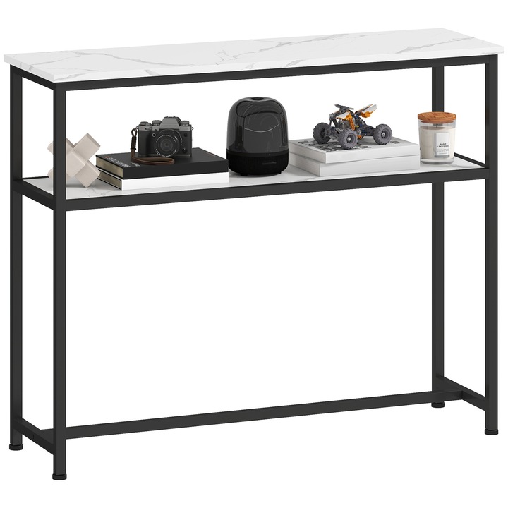 Masa de living, Masuta de cafea, Design ingust, Efect marmura, Raft deschis, Cadru metalic, 100 x 30 x 81 cm, Alb