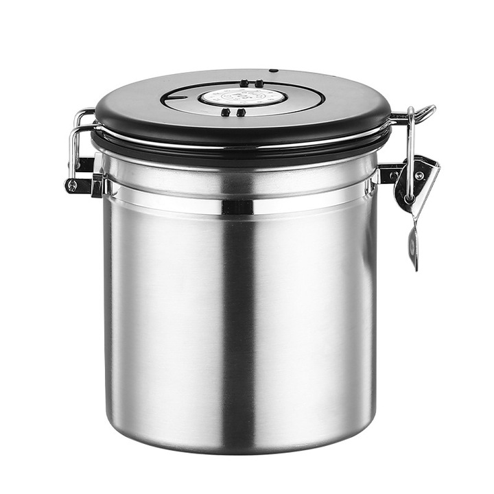 Recipient etans, de calitate alimentara, 1, 8 l, cu lingura din otel inoxidabil 304, ORBER, potrivit pentru depozitarea boabelor de cafea, din otel inoxidabil, cu supapa de aerisire unidirectionala, etansitate ridicata, 13, 4 x 13, 4 x 19, 8 cm, gri