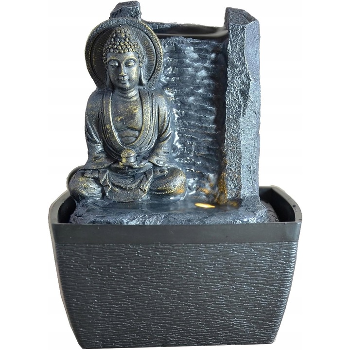 LED декоративен фонтан, Zen'Light, тъмнокафяв и черен, малки размери, с осветен Буда