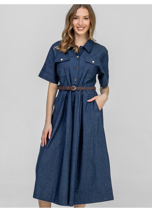 Rochie midi din denim, Perso, cu maneca scurta, curea impletita, bleumarin