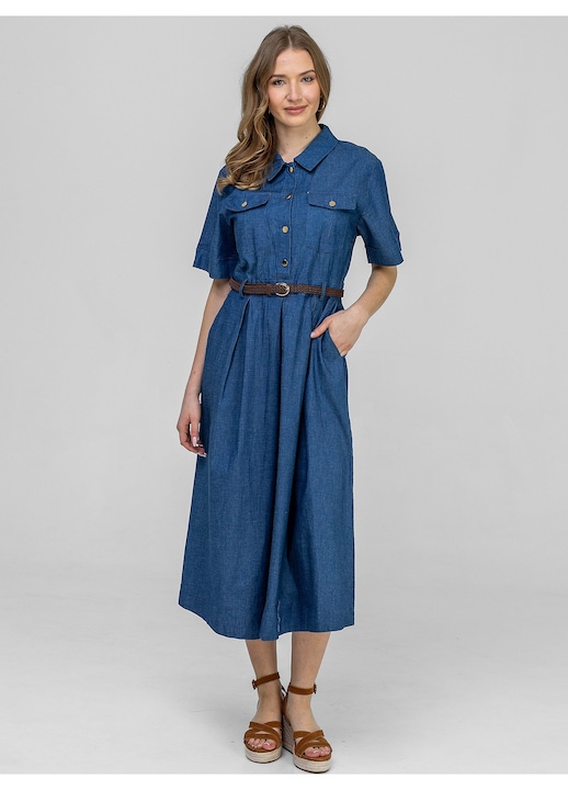 Rochie de blugi dama, Perso, tip camasa, maneca scurta, albastru, bumbac