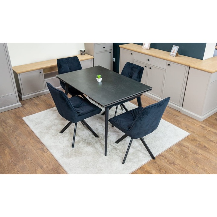 Set Masa Living Extensibila DTM0101 Blat Ceramic Gri cu 4 Scaune Rotative KJC356 Negre