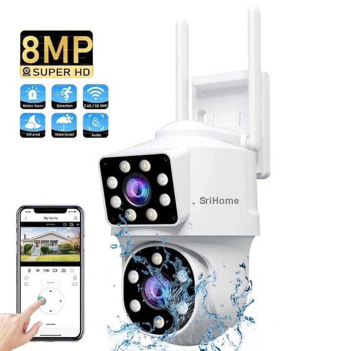 CCTV видеокамера за наблюдение с двоен WIFI SriHome® SH063 PRO, 8MP, Външна/Вътрешна, Ultra HD 4K, 4X увеличение, Въртене, Нощно виждане, Цветно нощно виждане, Звукова и светлинна аларма, Двупосочна комуникация, Сензор за движение