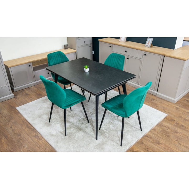 Set Masa Living Extensibila DTM0101 Blat Ceramic Gri cu 4 Scaune Tapitate KJC104 Verzi