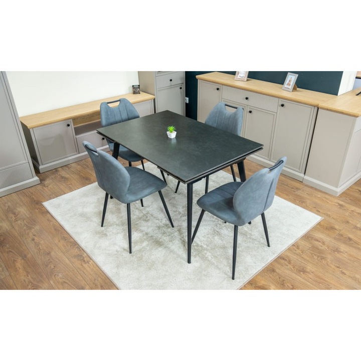 Set Masa Living Extensibila DTM0101 Blat Ceramic Gri cu 4 Scaune Tapitate MC06 Gri