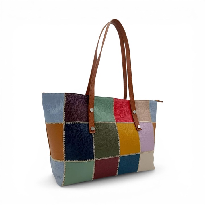 Geantă de umăr, EVoStyle, Nova Palette FL267C, piele naturală, design modern patchwork, multicolor