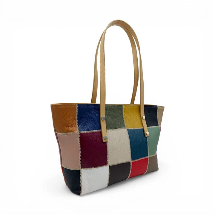 Geantă damă EVoStyle Nova Palette FL267T, piele naturală, design patchwork, multicolor, ușoară