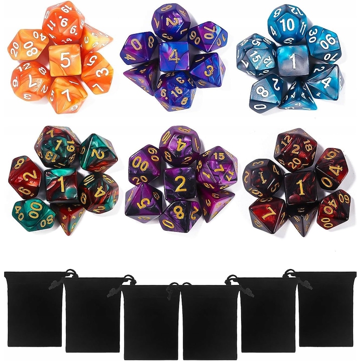 Set 42 de zaruri colorate pentru jocuri RPG, Dungeons and Dragons, material acrilic, 6 culori, cu 6 pungi de stocare