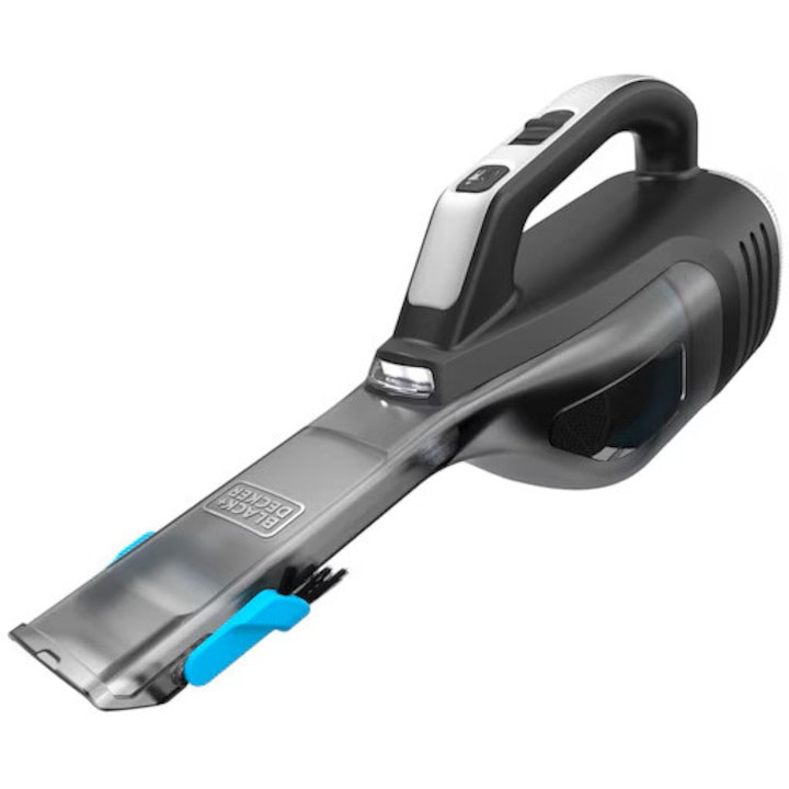 Aspirator portabil pentru casa si masina Black & Decker DVD320B dustbuster, fara sac, 12V, iluminare LED, indicator incarcare, acumulator Li-Ion 2 Ah, 24Wh, recipient 600 ml, curatare usoara, autonomie pana la 17 minute, baza de incarcare inclusa