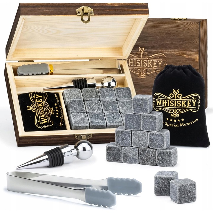 Set 12 pietre pentru whisky, accesorii pentru racire, cu punga de catifea si cleste, multicolor