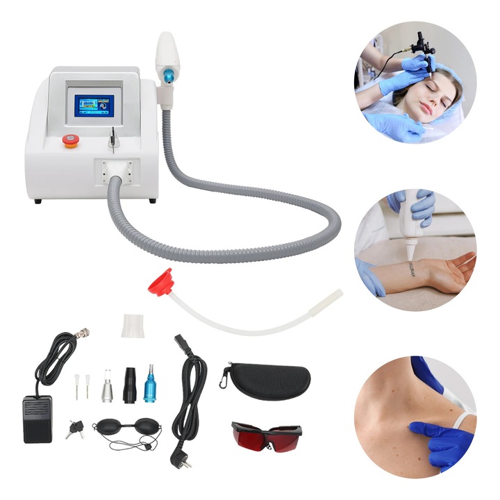 Laser profesional, Aparat de indepartare tatuaje si pigmenti, 3 capete laser, Ecran LED, Latime puls 8 ns, 1–10 Hz, Electric, Alb