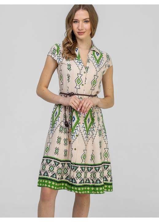 Rochie midi, Perso, cu imprimeu, viscoza, cu maneca scurta, cu buzunare laterale, bej/verde